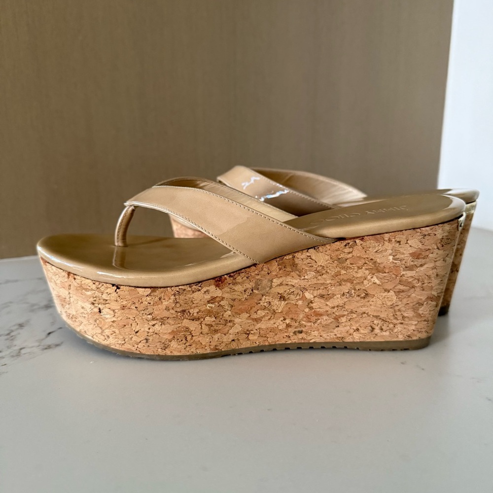Jimmy Choo Nude Patent Pathos Wedge Sandals, 40